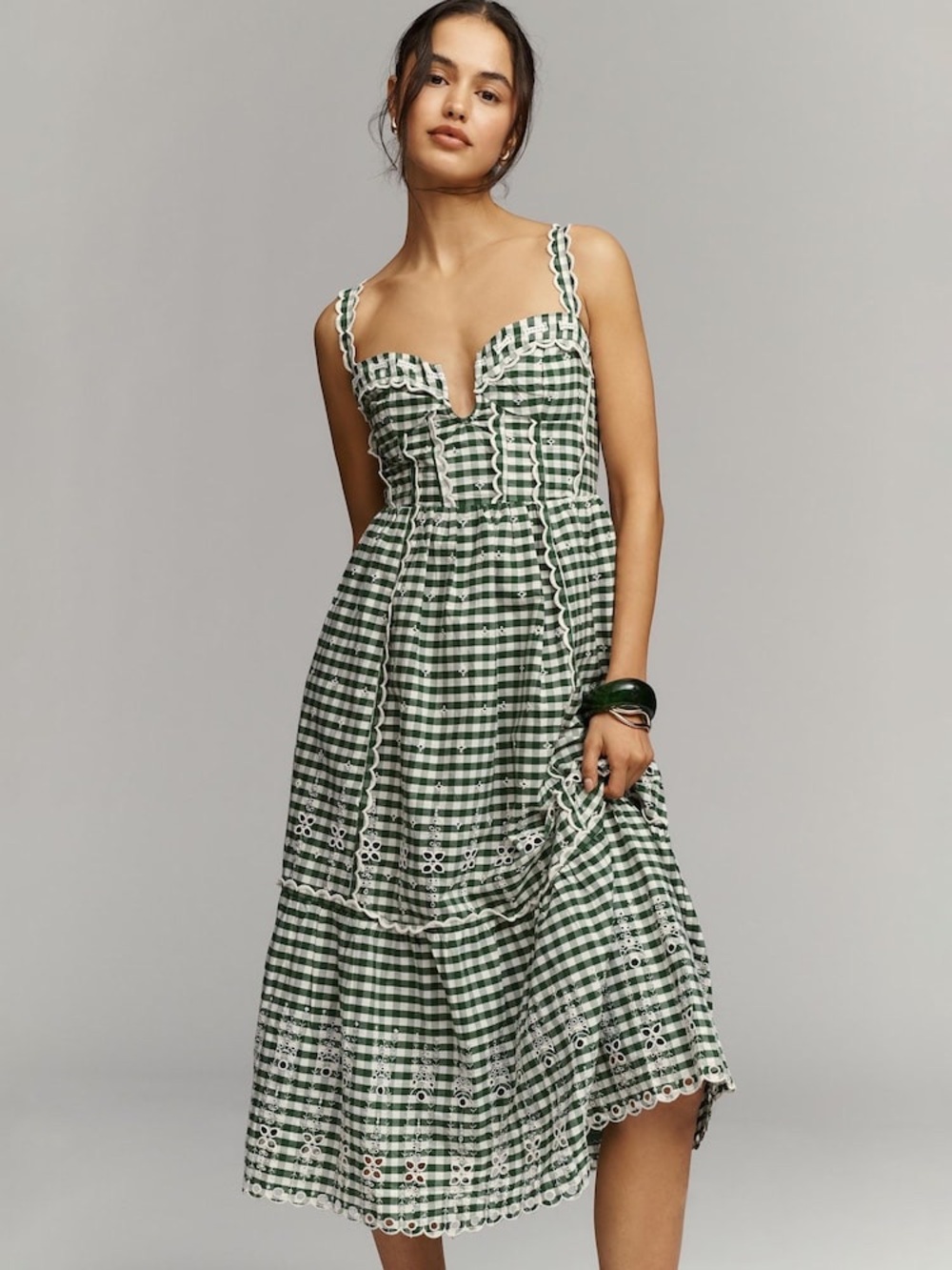 By Anthropologie Sleeveless Sweetheart Gingham Midi Dress Sz MP NWT Green